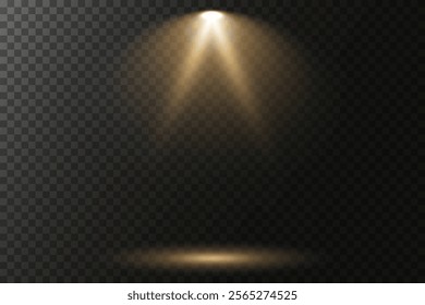 Vector spotlights with bright white light to illuminate the stage. Concert spotlight with ray illuminated spotlights for web design illustration.  Bright white lighting with spotlights