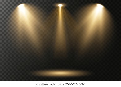 Vector spotlights with bright white light to illuminate the stage. Concert spotlight with ray illuminated spotlights for web design illustration.  Bright white lighting with spotlights