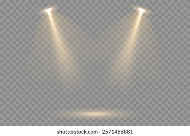 Vector spotlights with bright white light to illuminate the stage. Concert spotlight with ray illuminated spotlights for web design illustration.  Bright white lighting with spotlights