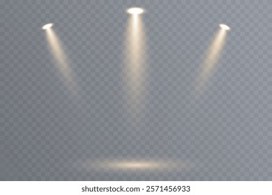 Vector spotlights with bright white light to illuminate the stage. Concert spotlight with ray illuminated spotlights for web design illustration.  Bright white lighting with spotlights