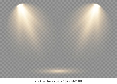 Vector spotlights with bright white light to illuminate the stage. Concert spotlight with ray illuminated spotlights for web design illustration.  Bright white lighting with spotlights