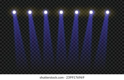 Vector spotlights light beams isolated on black background.
