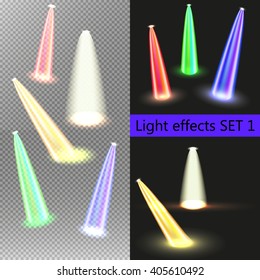 Vector Spotlights and neon Light Effects Set isolated on transparent and black background