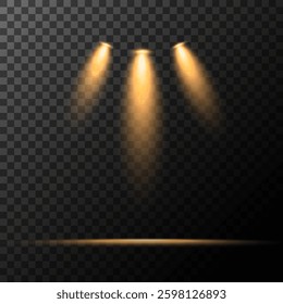 Vector spotlights on stage. Dramatic lighting effects for scenes, concerts, and performances. Bright illuminated beams creating a cinematic atmosphere.