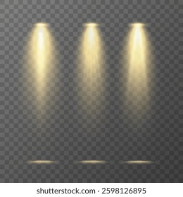 Vector spotlights on stage. Dramatic lighting effects for scenes, concerts, and performances. Bright illuminated beams creating a cinematic atmosphere.