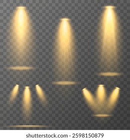 Vector spotlights on stage. Dramatic lighting effects for scenes, concerts, and performances. Bright illuminated beams creating a cinematic atmosphere