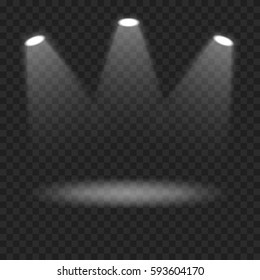 Vector spotlights on transparent background. White light effect. Bright lighting. Scene illumination effects. Template for your design.