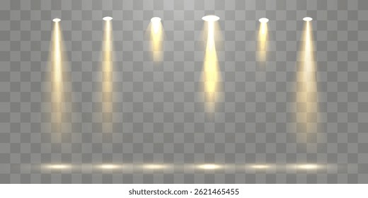 Vector spotlights png, studio lighting, light beams and transparent light effect. Golden light source. Bright lighting with spotlights.
Vector isolated on transparent background.