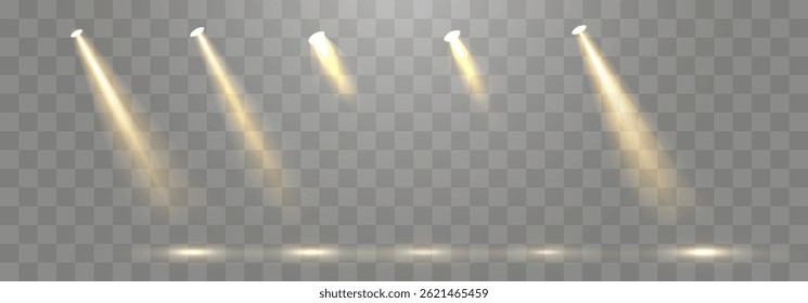 Proyectores de Vector png, iluminación de estudio, rayos de luz y efecto de luz transparente. Fuente de luz dorada. Iluminación brillante con focos.
Vector aislado sobre fondo transparente.