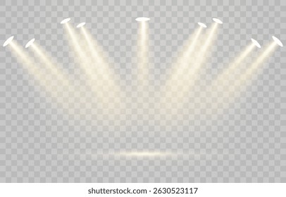 Proyectores de Vector png, iluminación de estudio, rayos de luz y efecto de luz transparente. Fuente de luz dorada. Iluminación brillante con focos. Vector aislado sobre fondo transparente.