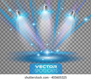 Vector Spotlights scene with different source of lights pointing to the floor or shelf. Ideal for featuring products. Lights are transparent so ready to be placed on every surface.