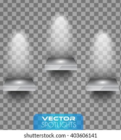 Vector Spotlights scene with different source of lights pointing to the floor or shelf. Ideal for featuring products. Lights are transparent so ready to be placed on every surface.