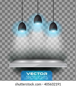 Vector Spotlights scene with different source of lights pointing to the floor or shelf. Ideal for featuring products. Lights are transparent so ready to be placed on every surface.