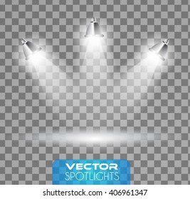 Vector Spotlights scene with different source of lights pointing to the floor or shelf. Ideal for featuring products. Lights are transparent so ready to be placed on every surface.