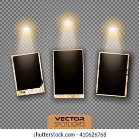 Vector Spotlights scene with different source of lights pointing to the floor or shelf. Ideal for featuring products. Lights are transparent so ready to be placed on every surface.
