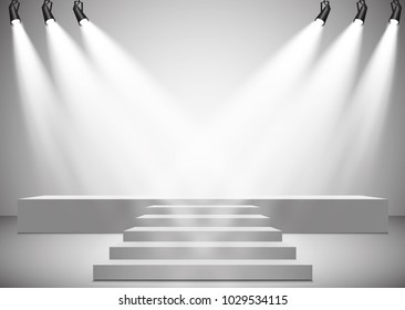 
Vector Spotlights. Scene. Light effects. podium. Exit to the stage for applause, a bright light of searchlights.
