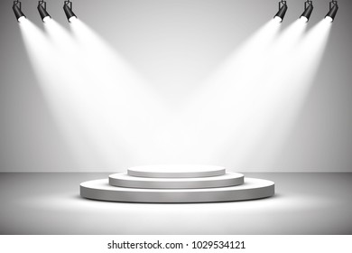 
Vector Spotlights. Scene. Light Effects. Podium. Exit To The Stage For Applause, A Bright Light Of Searchlights.
