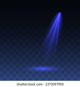 Vector Spotlights. Scene. Light Effects.  Blue glowing stage light ray isolated on transparent background. Vector bright scene spotlight effect.