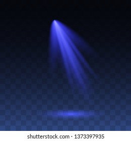 Vector Spotlights. Scene. Light Effects.  Blue glowing stage light ray isolated on transparent background. Vector bright scene spotlight effect.