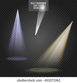 Vector Spotlights set. Light Effects. White blue yellow glow. Really transparent effect.