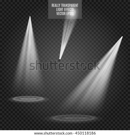 Vector Spotlights set. Light Effects. White glow. Really transparent effect.