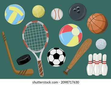 Vector spotr object illustration set. Football, basketball, volleyball, badminton and ather  ball game elemnts.