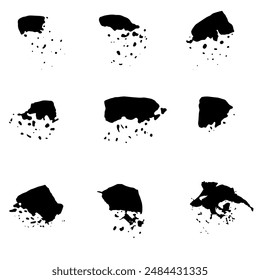 
Vector spots. Nine groups of vector spots of different shapes. Large stain with small specks and splashes.