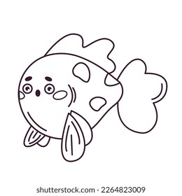 Vector spotted cartoon fish in the doodle style - children's picture for coloring. Marine animals and oceanic fish. Vector linear illustration in a hand-drawn style. Outline