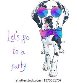 Vector spotted dog Harlequin Great Dane Puppy in rainbow glasses and bow tie