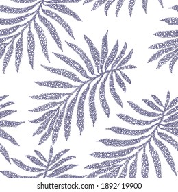 Vector spotted floral seamless pattern, foliage dotted silhouette. Dappled dark indigo blue Tropical palm leaves on a white background. Wallpaper, bohemian textile print, batik paint