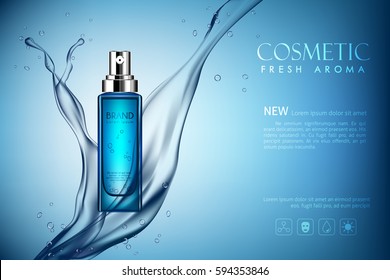 vector spray bottle fresh aroma cosmetic mockup on blue background, with your brand, ready for print ads or magazine design. Transparent and shine, realistic 3d style