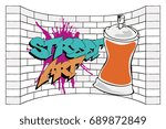 Vector spray graffiti with paints against a brick wall background. The inscription of street art.