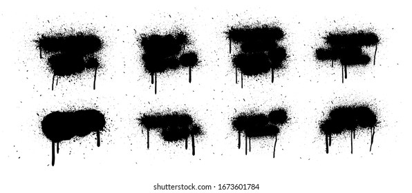Vector spray graffiti stencil template with splashes and drips of paint on a white background. Grunge graffiti spray effect, exploding, black drops. Isolated street art and text box template. Vector 