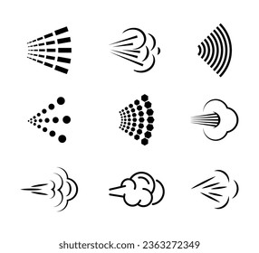 Iconos de pulverización vectorial aislados en blanco. Olas de olor y sonido.