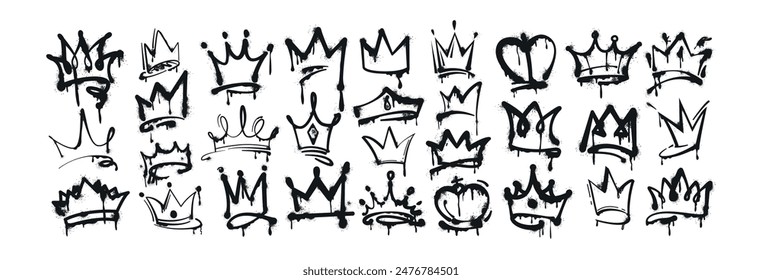 Vector spray paint crown set. Black ink graffiti king, queen or prince crowns with splashes and drips on white background. Hand drawn princess tiara and diadem. Royal head accessories in street style.