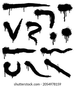 Vector spray paint shapes in black. Graffiti stencil template or paint streaks. Abstract lines and drips. Splashes for your design on white background