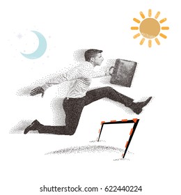 Vector: Spray texture business Man, jumping Man, office workers, particle divergent composition.