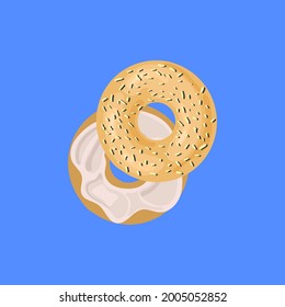 Bagel esparcido vectorial, cortado a mitad de donut sobre fondo azul claro, comida dulce.