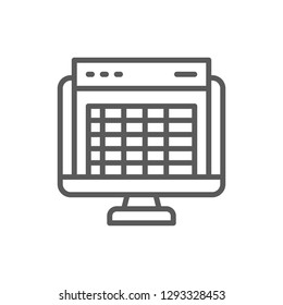 Vector spreadsheet, computer screen, financial accounting report line icon. Symbol and sign illustration design. Isolated on white background