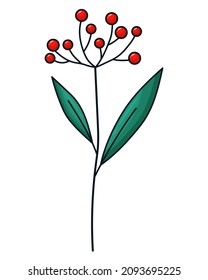 Vector espiral con hojas y bayas en un estilo minimalista. Espiral aislada en un fondo blanco. Elementos florales. Botánica dibujada a mano. Elementos vectores para el diseño textil y la tipografía
