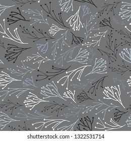 Vector Sprigs Nursery repeat pattern with Cadet dark Gray colour background. Perfect for Fabric,Wall paper,Crib sheets,Curtains,Throw pillows,gift wrap and Nature inspired projects,stationary,carpets.