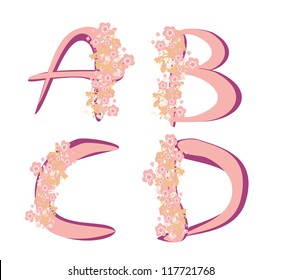 Vector spring alphabet with flowers letters A,B,C,D