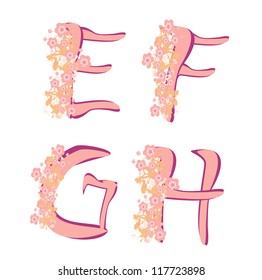 Vector spring alphabet with  flowers letters E,F,G,H,
