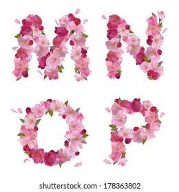 Vector spring alphabet with gentle pink sakura flowers letters M,N,O,P