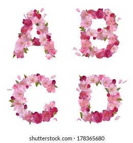 Vector spring alphabet with gentle pink sakura flowers letters A,B,C,D