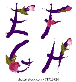 Vector spring alphabet with gentle sakura flowers letters E,F,G,H