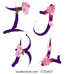 Vector spring alphabet with gentle sakura flowers letters I,J,K,L
