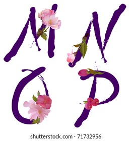 Vector spring alphabet with gentle sakura flowers letters M,N,O,P