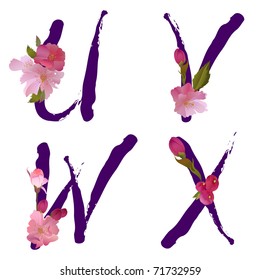 Vector spring alphabet with gentle sakura flowers letters U,V,W,X