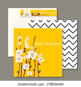 Vector spring apricot blossoming branch on bright yellow background